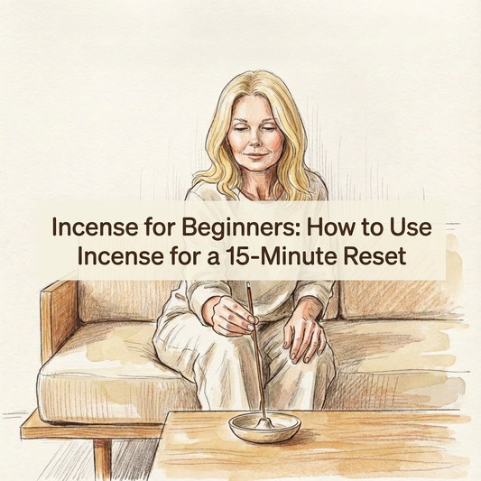 A hand-drawn woman with blonde hair, seated on a sofa. She is holding a stick of incense, with an incense burner on the table before her. The text "Incense for Beginners: How to Use Incense for a 15-Minute Reset" is centered in the image.