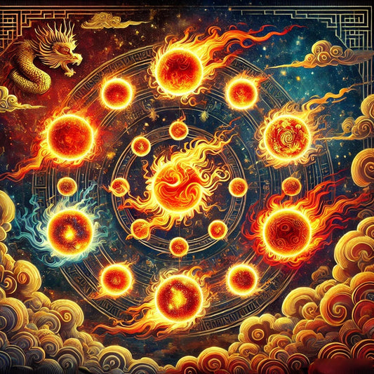 Fiery celestial illustration with twelve blazing suns and a dragon, representing Nine Purple Li Fire energy