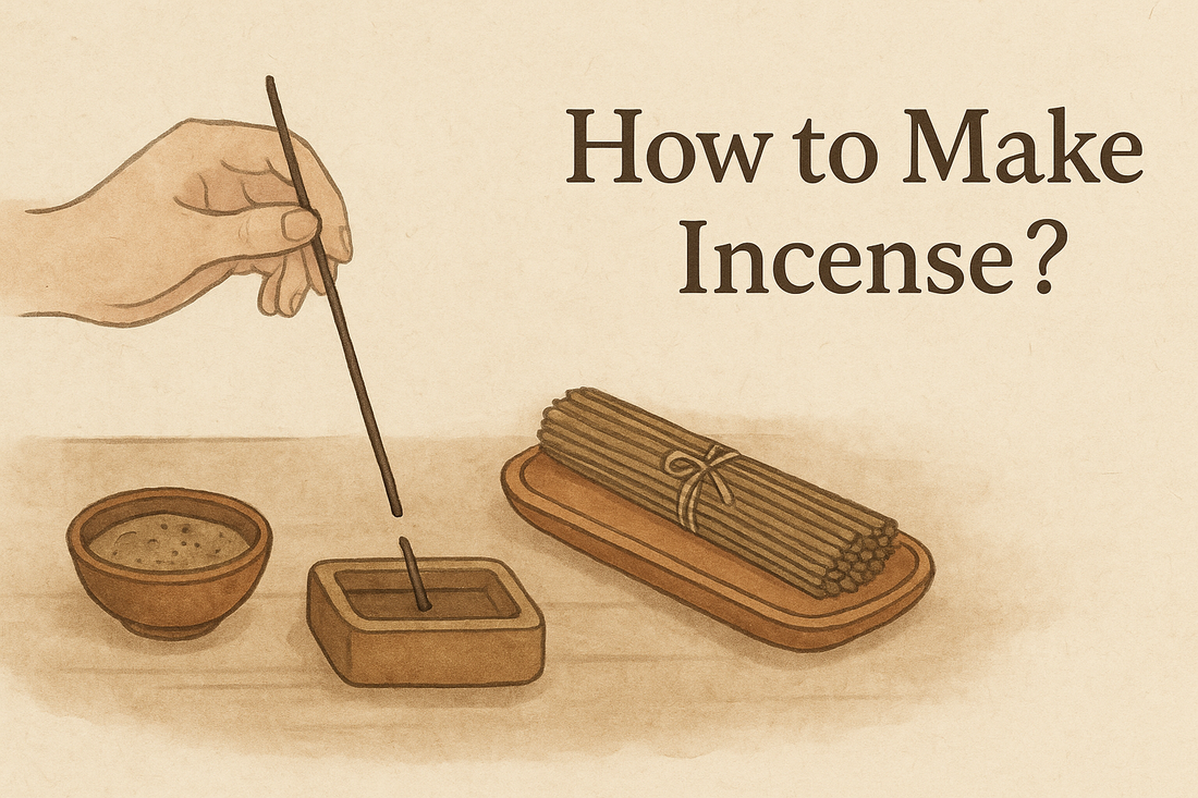 Watercolor-style Zen banner showing a hand placing incense into a square burner, with a bundle of handmade incense sticks and a bowl of incense paste, titled 'How to Make Incense?' in elegant serif font