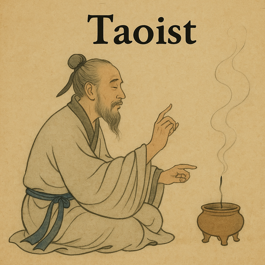 Traditional East Asian-style painting of a Daoist sage in a light gray robe with a blue sash, kneeling beside a small incense burner with curling smoke, performing a hand gesture in a calm and meditative setting