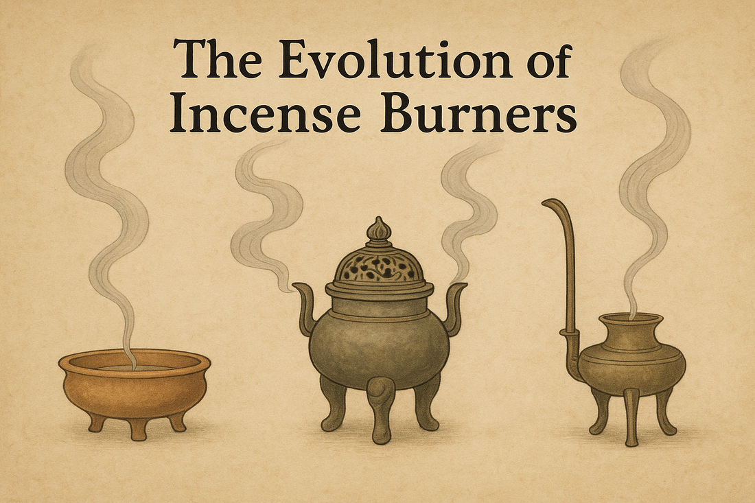 Traditional East Asian-style illustration on a textured parchment background showing three different historical incense burners emitting curling smoke, with the title 'The Evolution of Incense Burners' above.