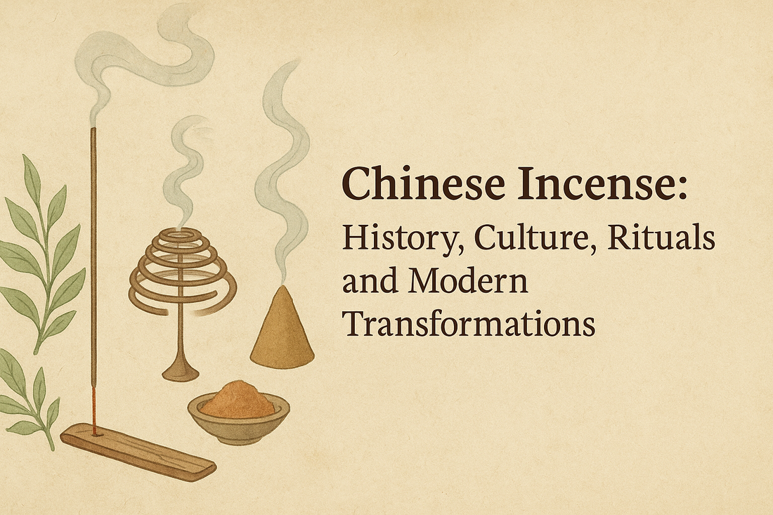 Traditional-style illustration showing the journey of Chinese incense — ancient burners, scrolls, and incense sticks blending history, culture, rituals, and modern transformations in an artistic composition.