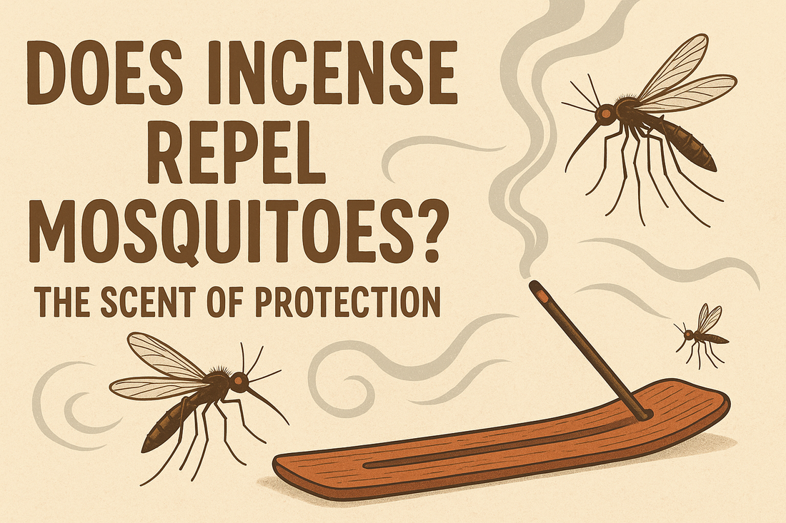 Banner illustration showing an incense stick burning in a wooden holder, with smoke swirling around and three mosquitoes nearby, alongside the text “Does Incense Repel Mosquitoes? The Scent of Protection.”