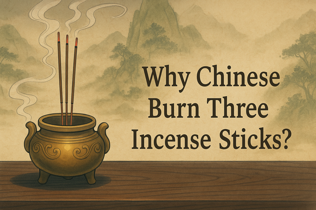 Anime-style banner of a round Chinese incense burner on a sandalwood table with three lit incense sticks, soft smoke rising, and faint Zen mountain-water scenery in the background, overlaid with the text "Why Chinese Burn Three Incense Sticks?".