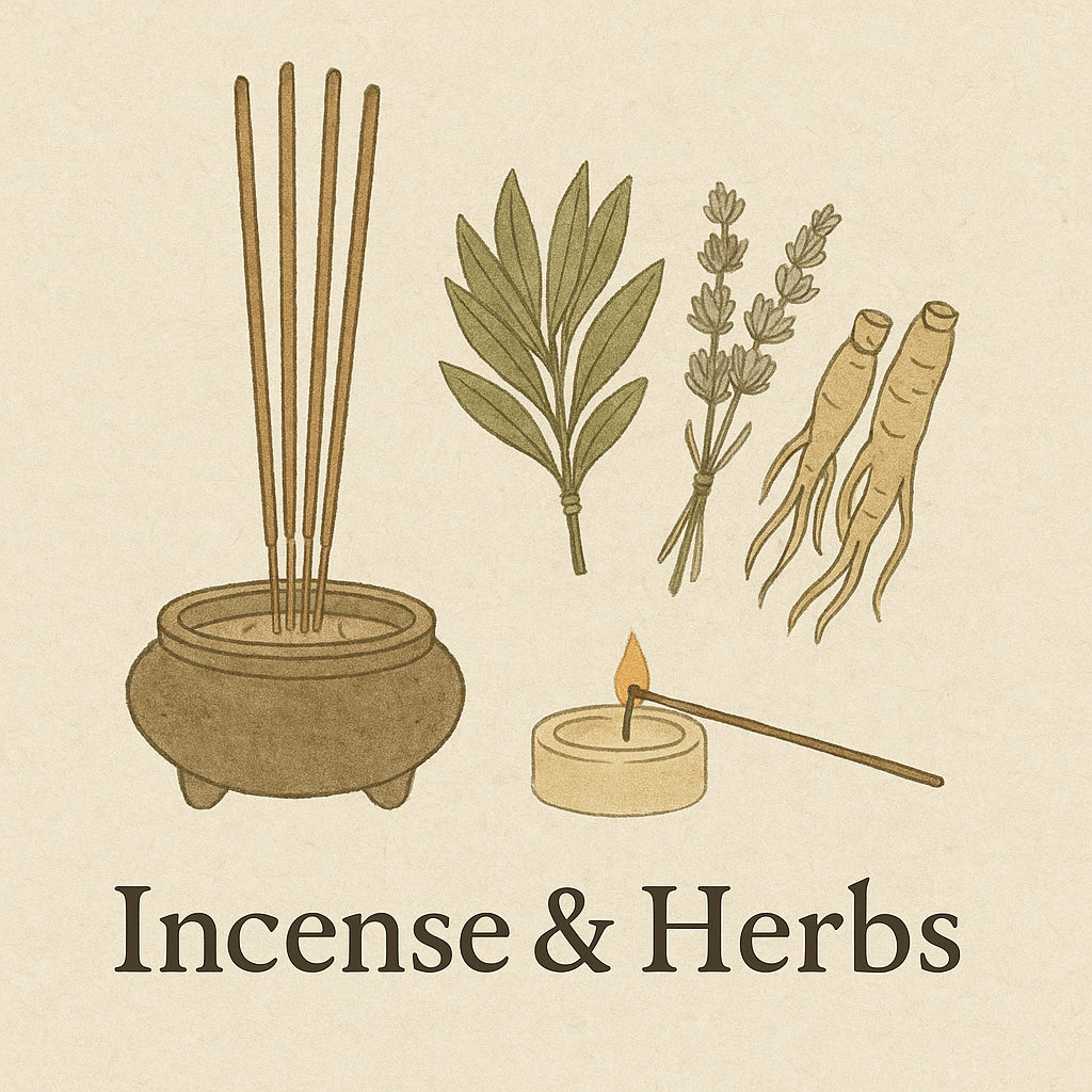 Monian-style watercolor illustration of natural incense sticks surrounded by healing herbs such as lavender, chamomile, and sandalwood, arranged on a Zen-inspired table with soft light and earthy tones.