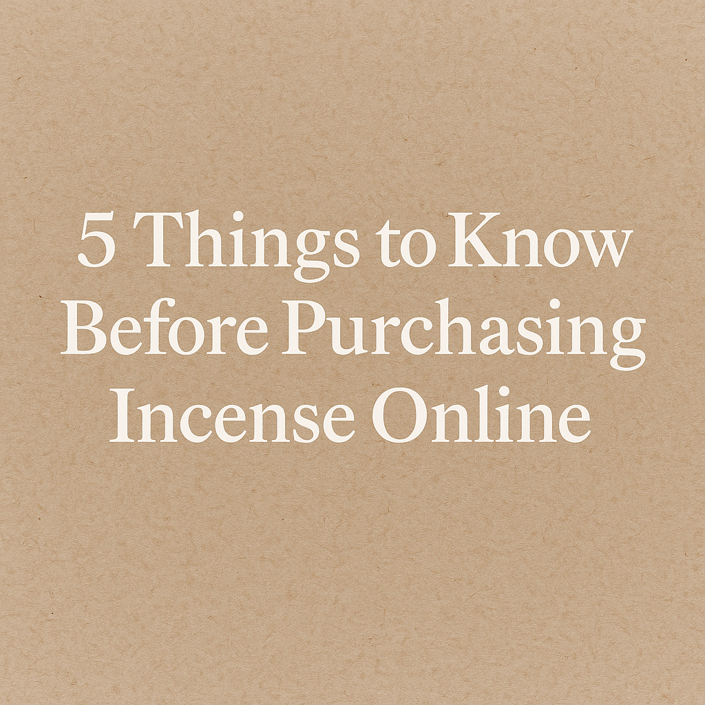 Banner with the text "5 Things to Know Before Purchasing Incense Online" in white serif font on a textured beige background resembling natural paper.