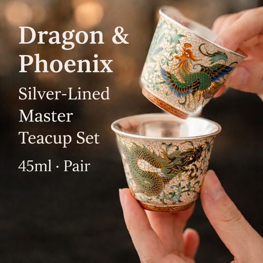 Square banner image of a handcrafted Dragon and Phoenix silver-lined porcelain teacup set, featuring traditional Chinese dragon and phoenix motifs with gold detailing, symbolizing harmony and balance in tea culture.
