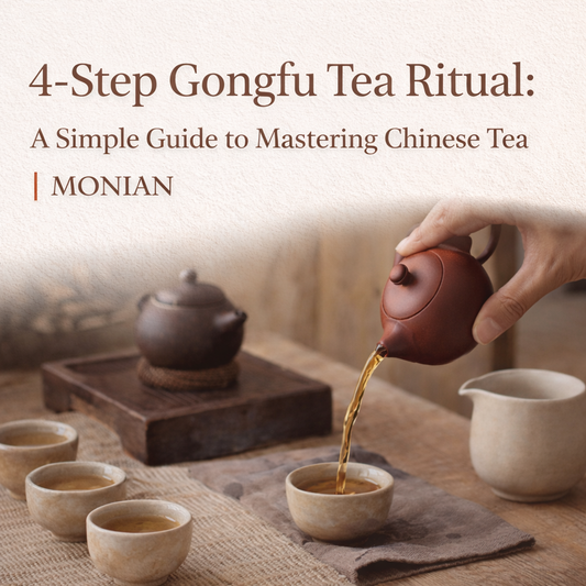 Monian's '4-Step Gongfu Tea Ritual' guide, showing a close-up of a hand pouring tea from an Yixing teapot into rustic ceramic teacups on a wooden mat, with the guide title displayed above in elegant serif font."