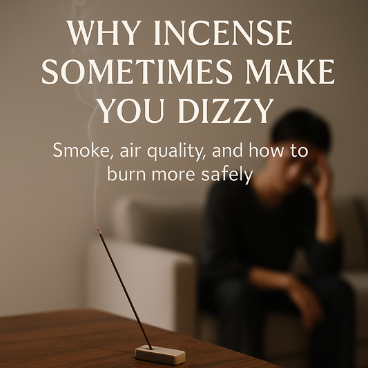 Minimal living room with an incense burner and a person gently touching their temple, suggesting dizziness from incense smoke.