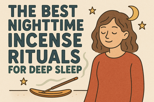 a gently smoking natural incense stick on a wooden holder. Title reads “The Best Nighttime Incense Rituals for Deep Sleep,” evoking rest, stillness, and a Zen bedtime mood.