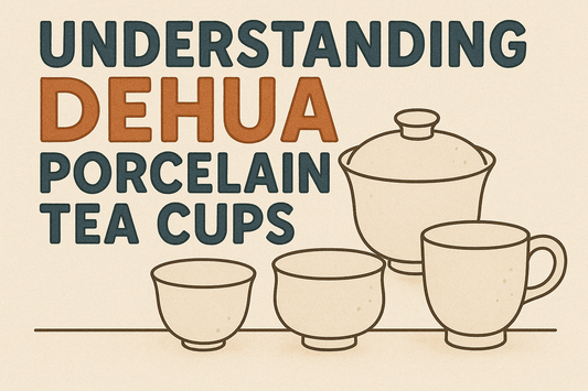 title “Understanding Dehua Porcelain Tea Cups” in warm earth-tone typography. Below the text are simple line-art illustrations of classic Dehua white porcelain vessels