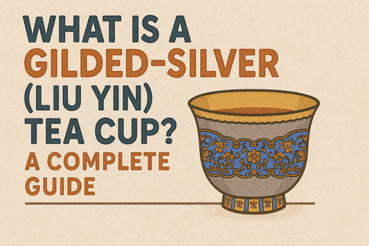 Tea cup with decorative patterns on a beige background, text about gilded-silver tea cups.