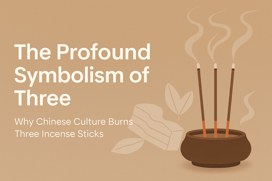 Minimalist “The Profound Symbolism of Three — Why Chinese Culture Burns Three Incense Sticks.” It features three upright incense sticks in a dark brown ceramic burner, releasing soft smoke trails that rise harmoniously against a warm beige background.