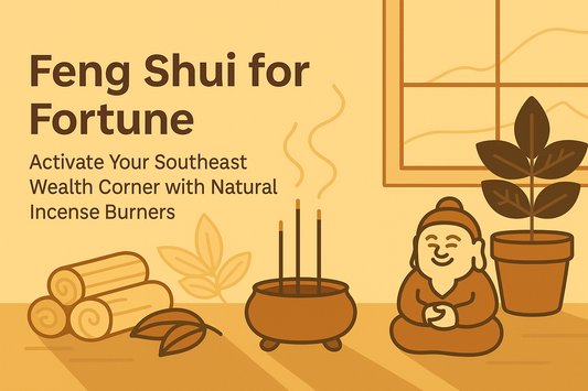 “Feng Shui for Fortune: Activate Your Southeast Wealth Corner with Natural Incense Burners.” The image features an elegant incense burner placed near a softly lit southeast-facing window, with rising smoke forming smooth curves.