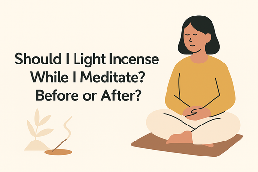 Minimalist digital banner featuring a person meditating beside a burning incense stick, rendered in MonianLife’s calm color palette.