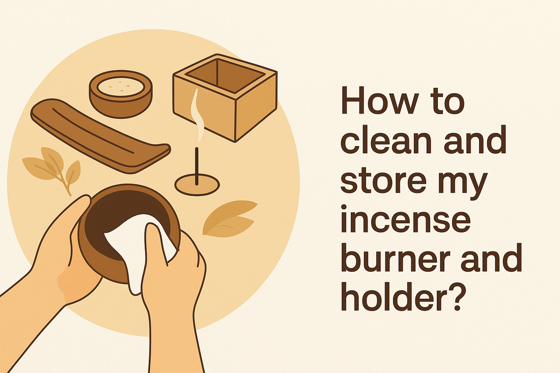 Minimalist banner of a ceramic incense burner being cleaned on a wooden table under warm light, titled “How to Clean and Storage My Incense Burner and Holder?”, evoking calm and Zen living.