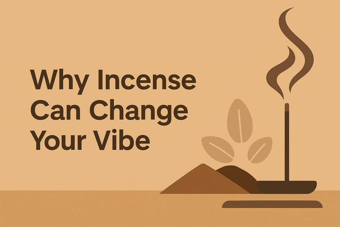 Minimalist digital banner in Monian color palette, featuring abstract incense smoke flowing upward in soft curves, symbolizing calm energy shifts, with the title text “Why Incense Can Change Your Vibe.”