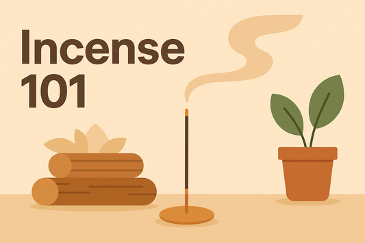 Minimalist banner titled “Incense 101,” featuring a single incense stick releasing elegant, curved smoke lines on a soft neutral background.