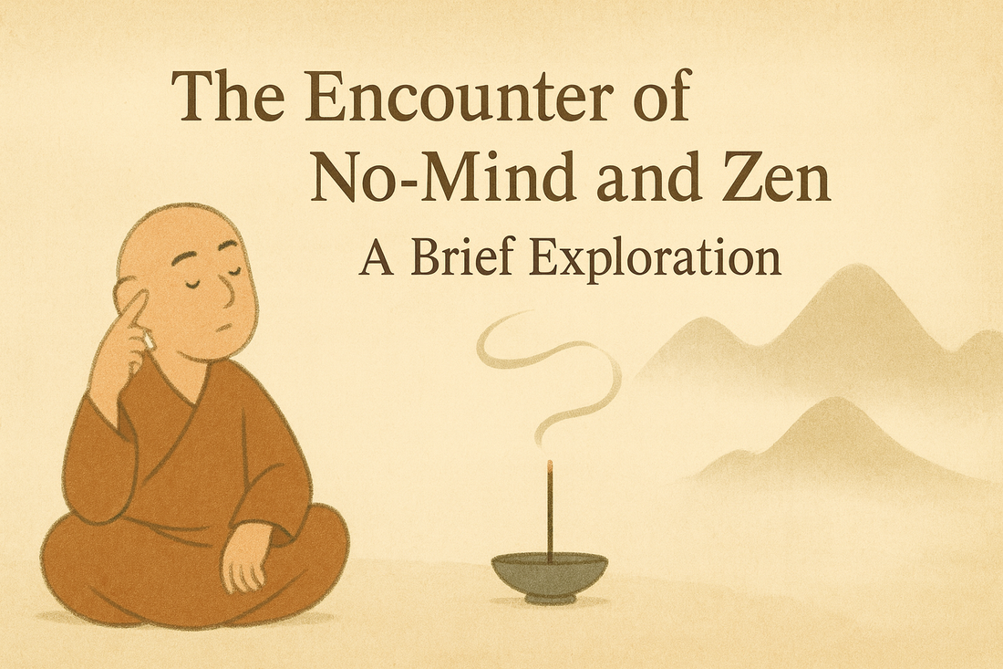 Zen-style banner titled 'The Encounter of No-Mind and Zen: A Brief Exploration', with a meditating monk in brown robes, an incense burner with rising smoke, and soft mountain silhouettes on a warm beige textured background, no logo or Chinese characters.