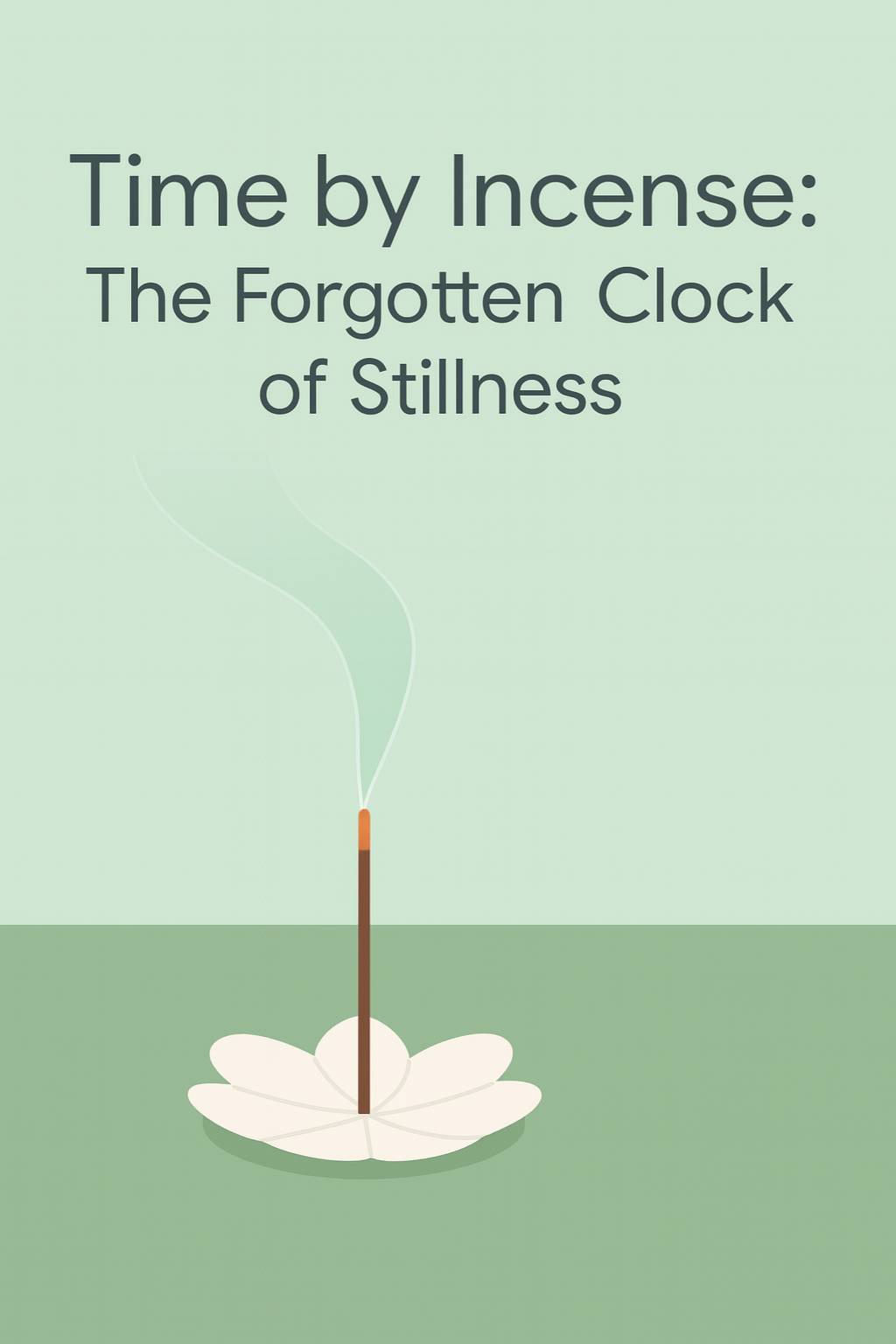 Minimalist Google-style illustration of a single incense stick burning in a modern holder, soft smoke rising upward, with overlay text “Time by Incense: The Forgotten Clock of Stillness”.