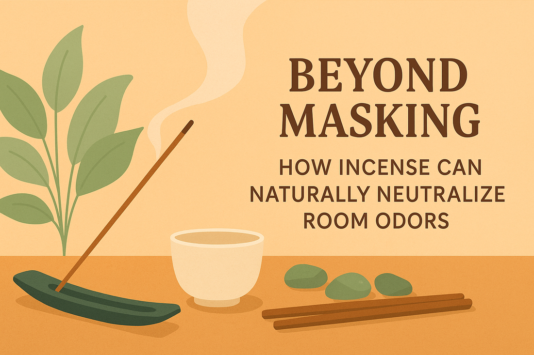 Flat-style modern banner with a lit incense stick in a green ceramic holder emitting soft smoke, accompanied by green leaves, a white teacup, jade stones, and incense sticks on a warm peach background