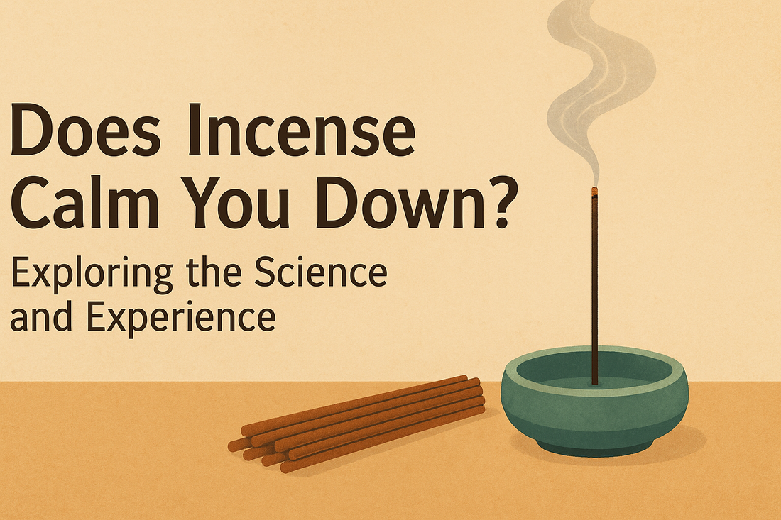 Exploring the Science and Experience', featuring a lit incense stick in a green ceramic holder with soft smoke and a bundle of incense sticks, set against a warm beige textured background in a modern minimalist style.