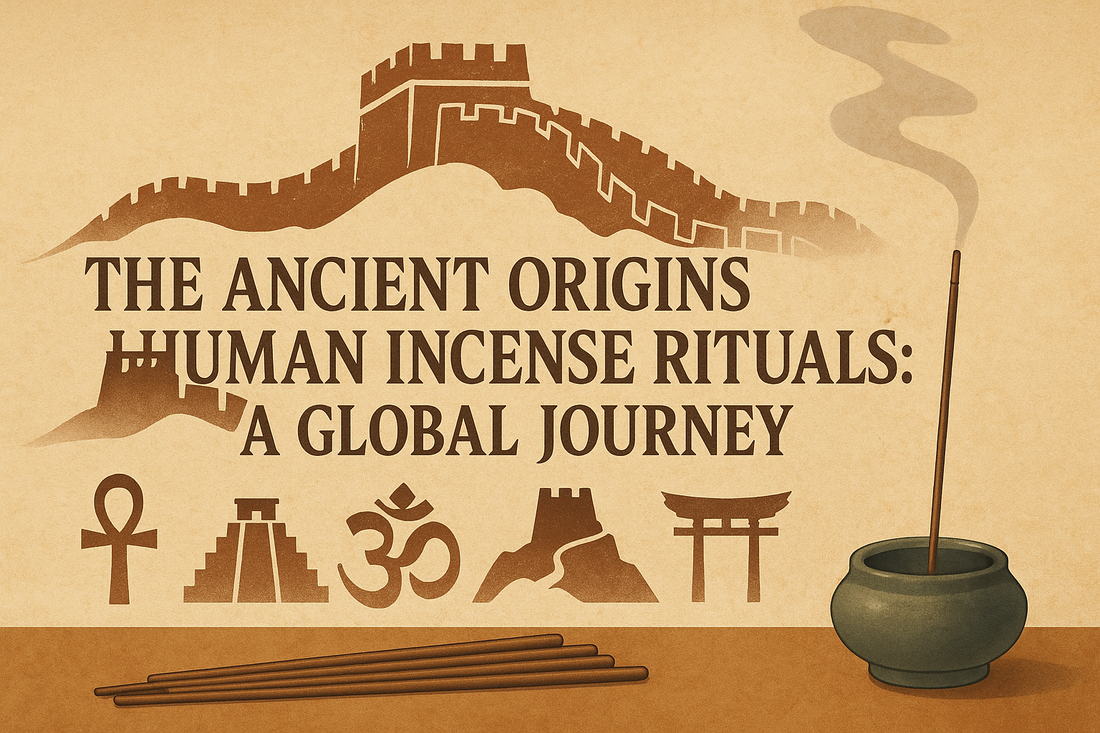 Banner for 'The Ancient Origins of Human Incense Rituals: A Global Journey', featuring incense sticks, Great Wall silhouette, and ancient symbols on a parchment background.