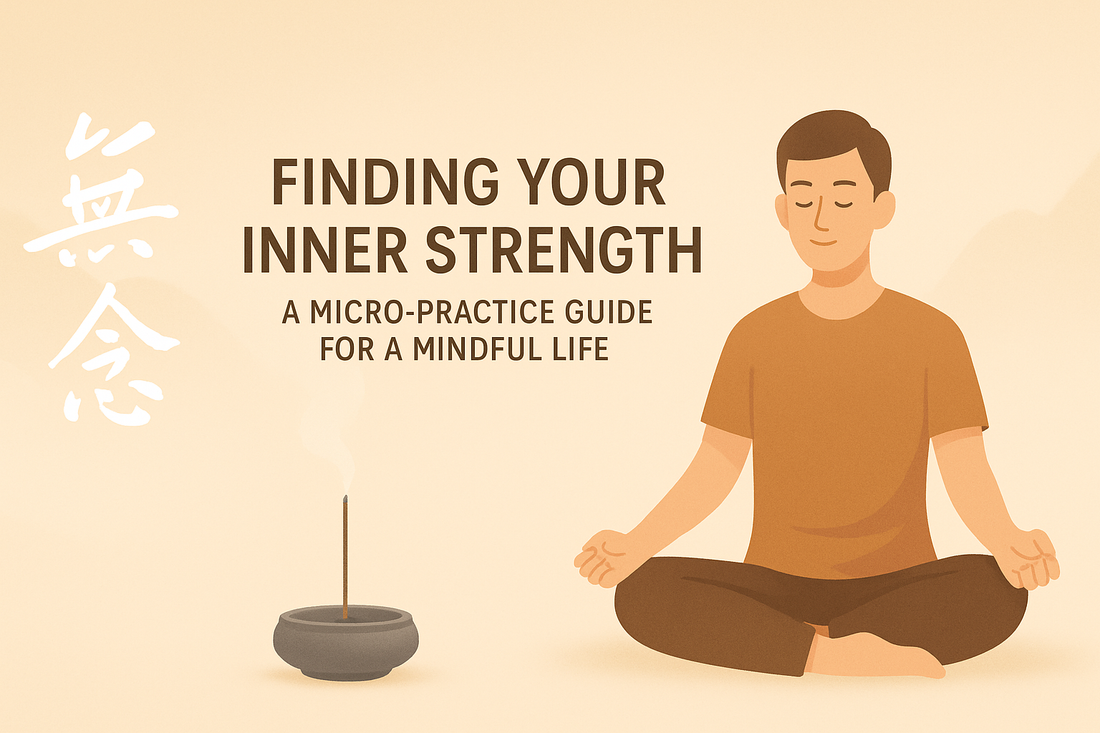Banner for 'Finding Your Inner Strength: A Micro-Practice Guide for a Mindful Life', with Wu Nian logo in white calligraphy on the left, a meditating figure on the right, and an incense burner emitting soft smoke on a warm beige background.