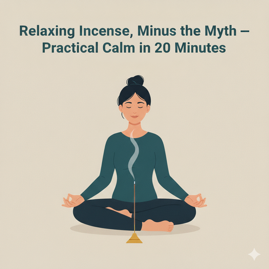 A serene banner with a meditating woman and an incense stick in front of her, under the title "Relaxing Incense, Minus the Myth — Practical Calm in 20 Minutes."