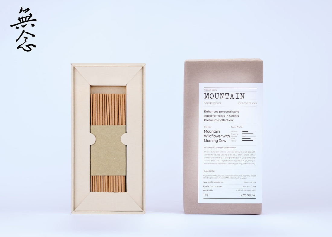 Monianlife Mountain Sandalwood Incense – premium handcrafted incense sticks with natural fragrance, packaged in an eco-friendly box with detailed scent profile.