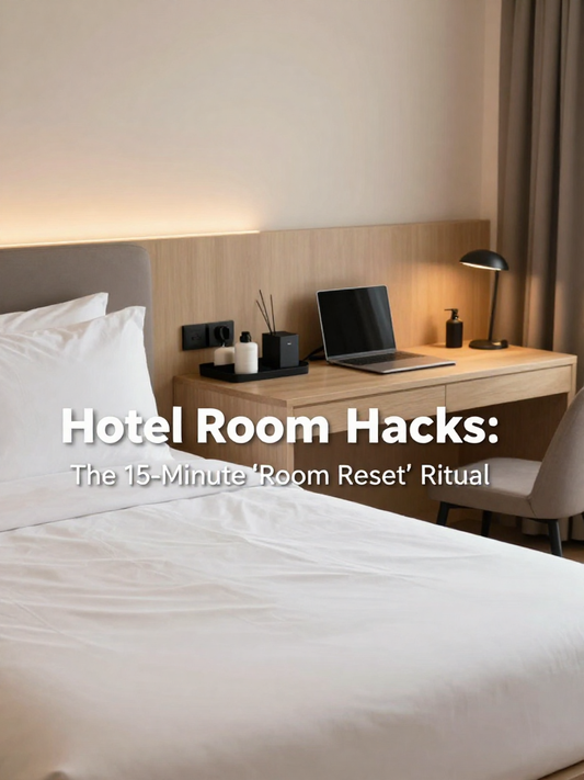 Hotel room desk with a lamp, laptop, and a small holder beside the bed