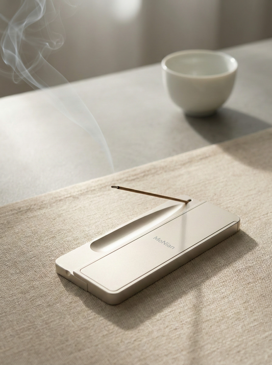 MoNian incense holder with a burning stick beside a ceramic cup