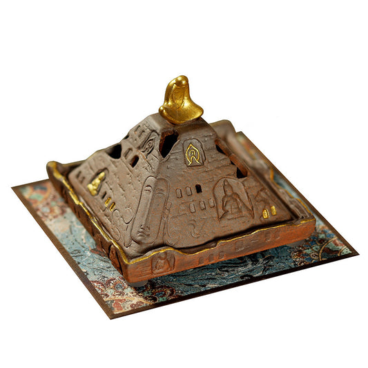 Handcrafted Golden Rock Clay Incense Burner – Pyramid Design with Feitian Mat For Rituals