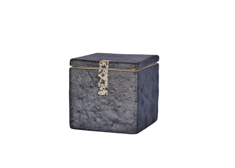 Square dark gray box with gold accents on a light gray background