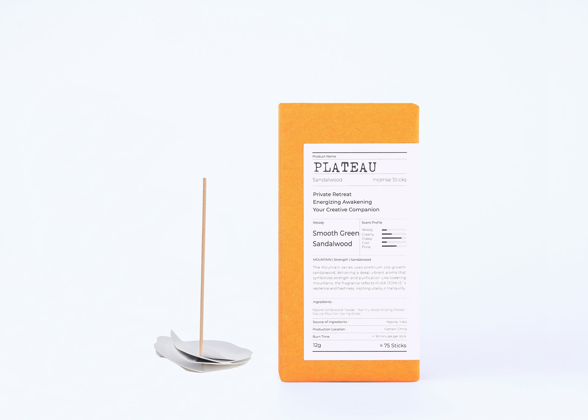 Incense stick with an orange packaging label on a white background