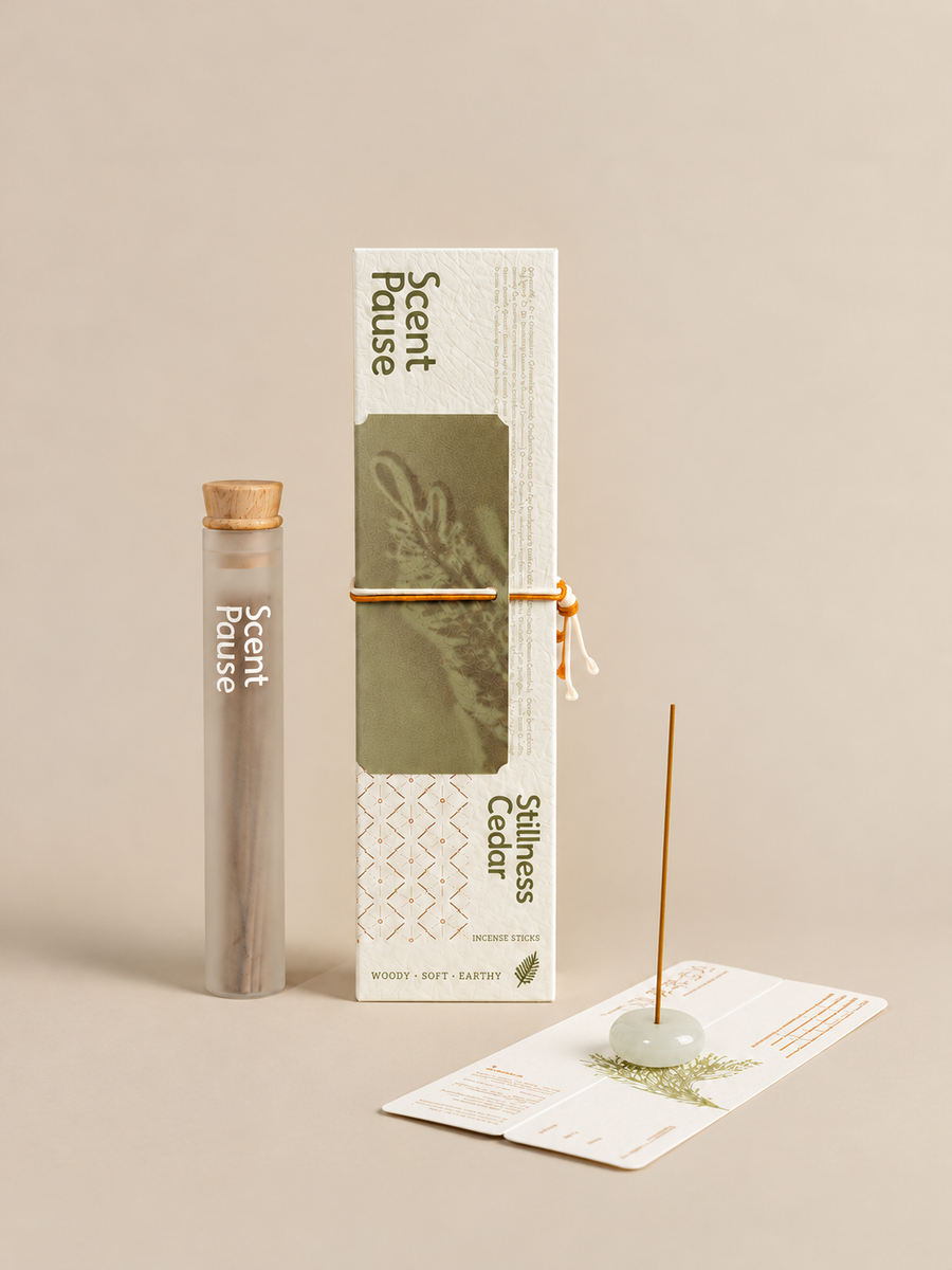 Stillness Cedar incense in its original packaging