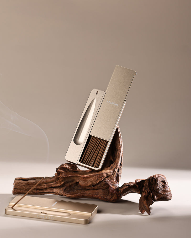 Monian Rituals Box open showing recessed incense groove and magnetic closure — aerospace aluminum build