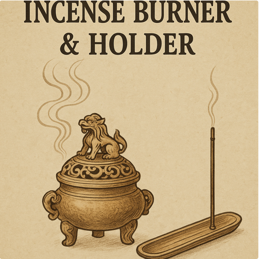 Ornate incense burner with a mythological lid and a smoking stick in a wooden holder.