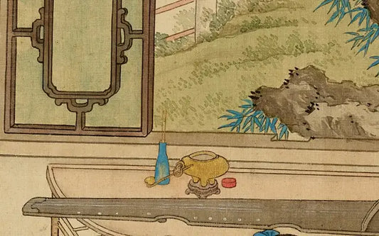 Antique Chinese incense burner and scholar's desk setup, with floral arrangement and ritual objects — inspiration for Monian’s natural incense rituals.