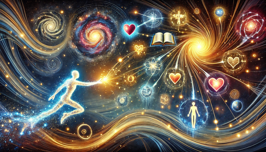 Abstract cosmic energy artwork featuring a glowing human figure, galaxies, hearts, and spiritual symbols representing connection and metaphysical wisdom.