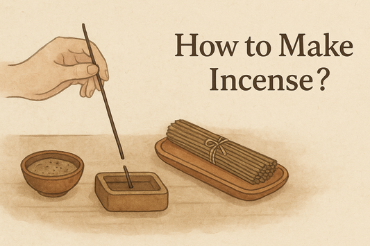 Watercolor-style Zen banner showing a hand placing incense into a square burner, with a bundle of handmade incense sticks and a bowl of incense paste, titled 'How to Make Incense?' in elegant serif font