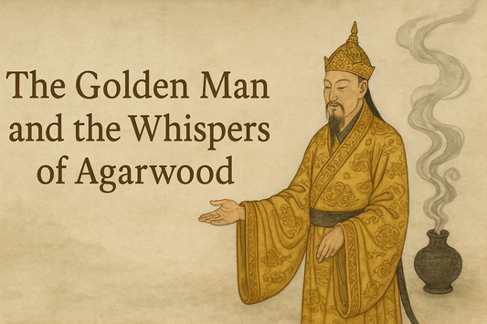 Traditional Chinese watercolor-style banner showing a regal man in an ornate golden robe and crown, standing beside a curling trail of incense smoke from a black agarwood burner