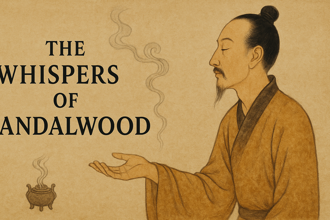 Traditional Chinese watercolor-style banner with the title 'The Whispers of Sandalwood', depicting a serene man in ochre robes with a topknot and beard, eyes closed, holding out his hand toward curling incense smoke rising from a small burner