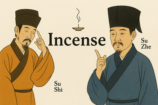 Illustration of Song Dynasty scholars Su Shi in an orange robe and Su Zhe in a blue robe, with their names in English beside them, the word 'Incense' in bold at the center, and a small incense burner with rising smoke above the text.