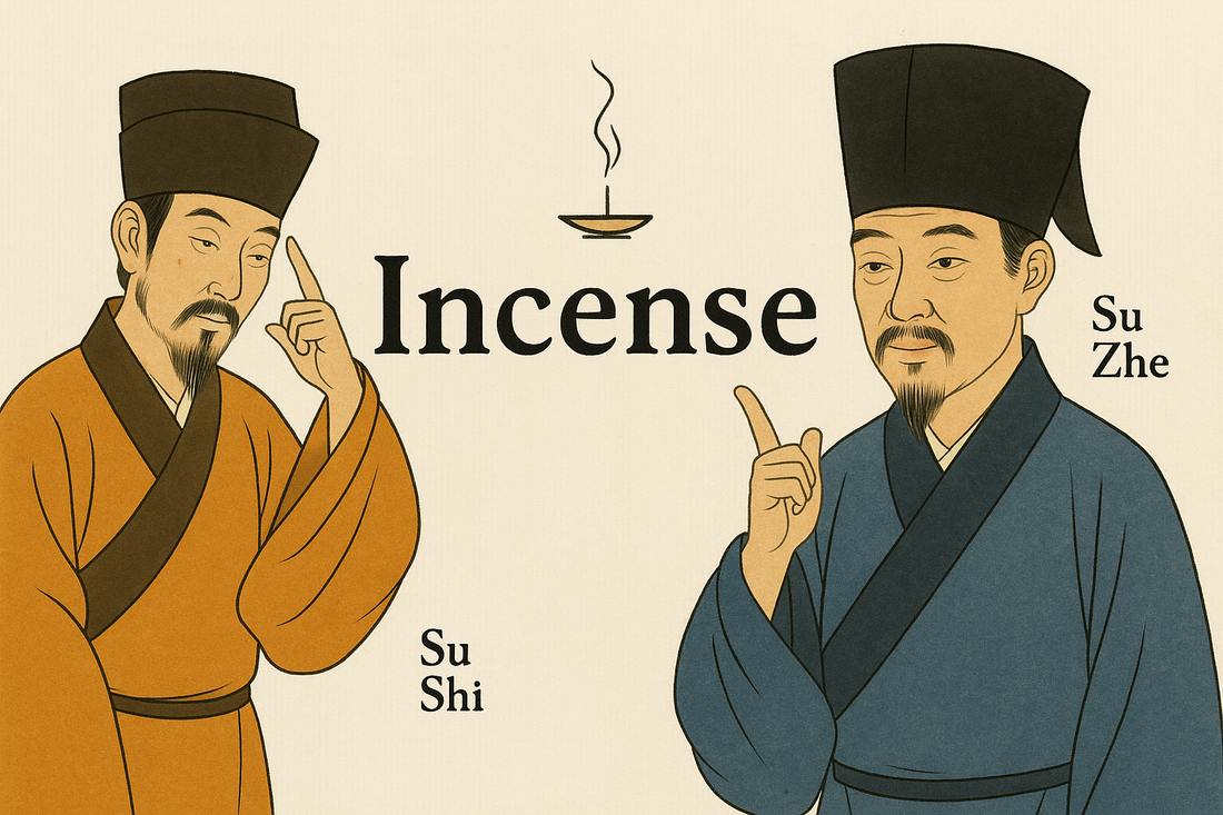 Illustration of Song Dynasty scholars Su Shi in an orange robe and Su Zhe in a blue robe, with their names in English beside them, the word 'Incense' in bold at the center, and a small incense burner with rising smoke above the text.