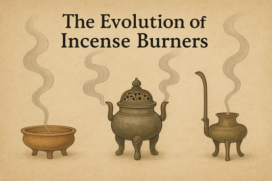 Traditional East Asian-style illustration on a textured parchment background showing three different historical incense burners emitting curling smoke, with the title 'The Evolution of Incense Burners' above.