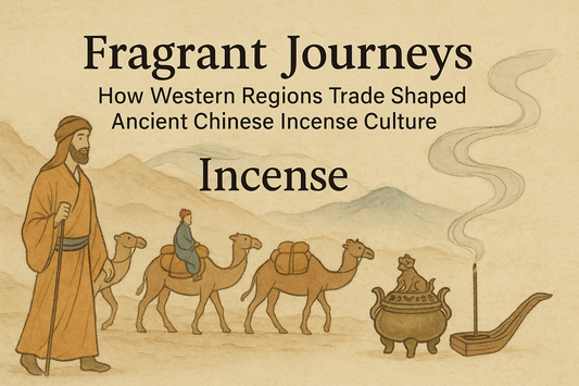 Silk Road caravan with camels and an incense burner emitting smoke on textured parchment.