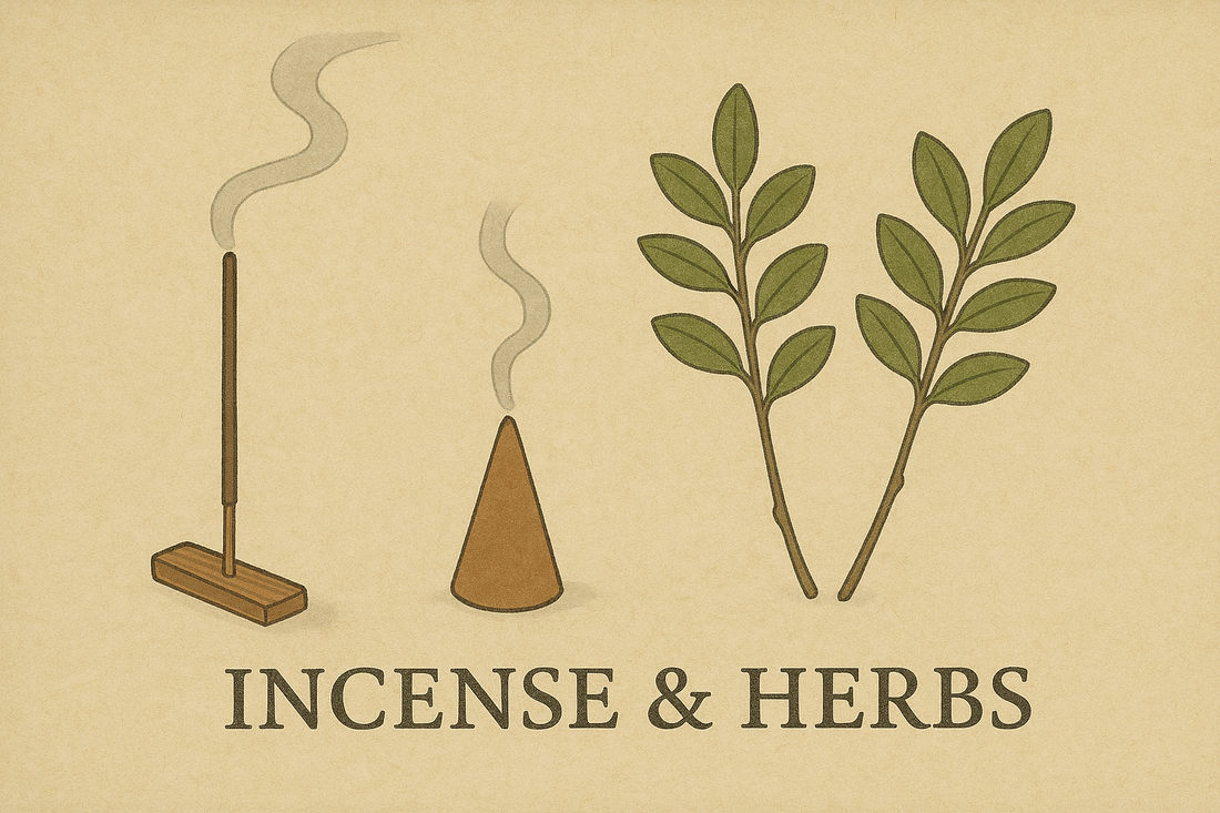 Traditional East Asian-style illustration on textured parchment showing a stick incense and cone incense burning beside two green herb sprigs, with the title 'Incense & Herbs' below