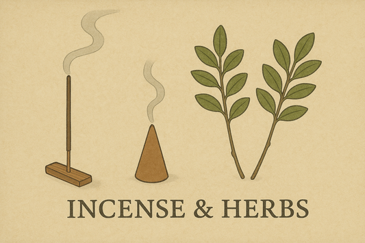 Traditional East Asian-style illustration on textured parchment showing a stick incense and cone incense burning beside two green herb sprigs, with the title 'Incense & Herbs' below
