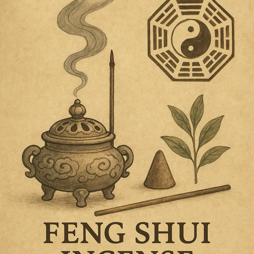 Traditional East Asian-style illustration on textured parchment featuring a censer with rising smoke, a Bagua symbol, an incense stick, a cone incense, and a sprig of leaves, with the title 'Feng Shui Incense' below.
